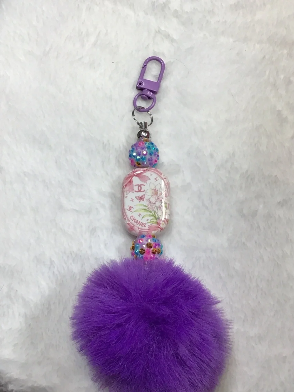 CHANEL Purple Pom Pom Key & Card Holder Charm